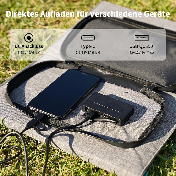 Faltbares Solarpanel 40W 19V Tragbares Solarladegerät mit USB C, USB A und DC Ausgängen, Mini-Ladege