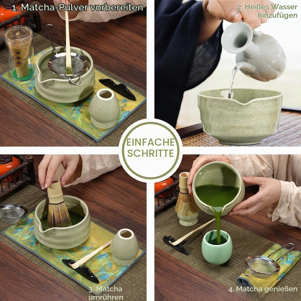 5 Stück Matcha Set, Bambus Matcha Besen, Keramik Matcha Schale mit Ausgiesser, Matcha Whisk, Schaufe