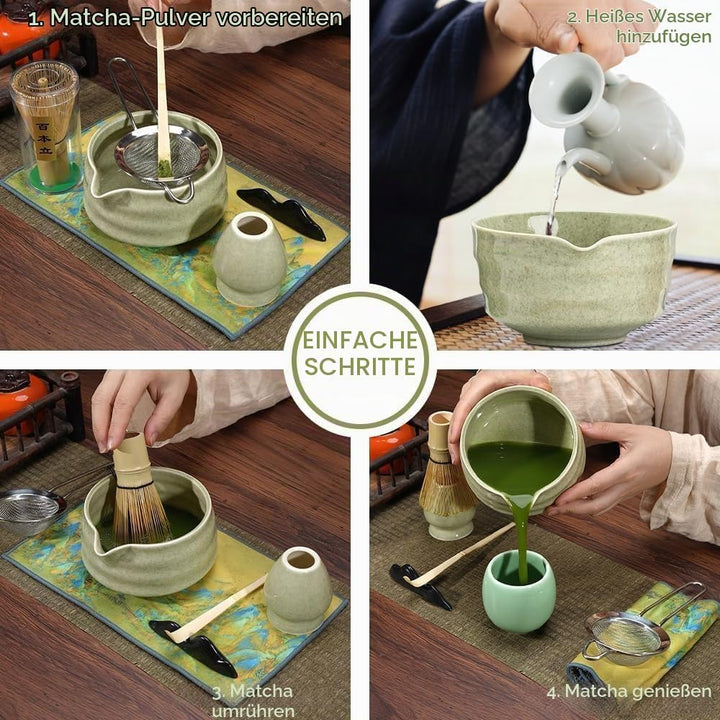 5 Stück Matcha Set, Bambus Matcha Besen, Keramik Matcha Schale mit Ausgiesser, Matcha Whisk, Schaufe
