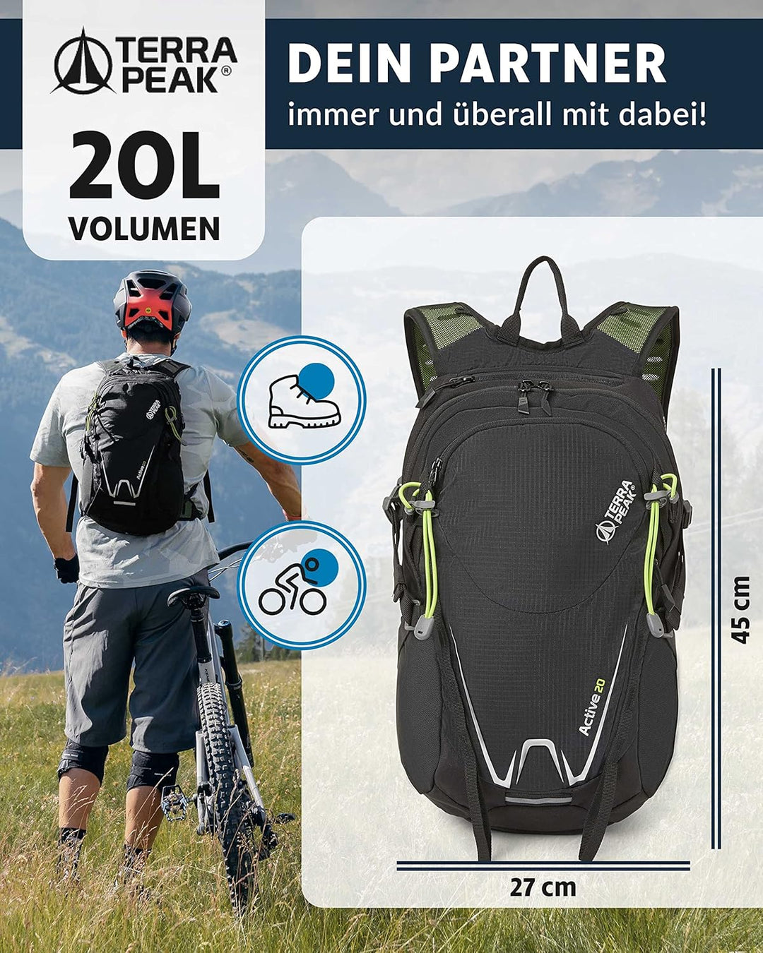 Terra Peak Wanderrucksack 20L Active 20 Premium (klein) Trekkingrucksack mit Rückenbelüftung, Regens