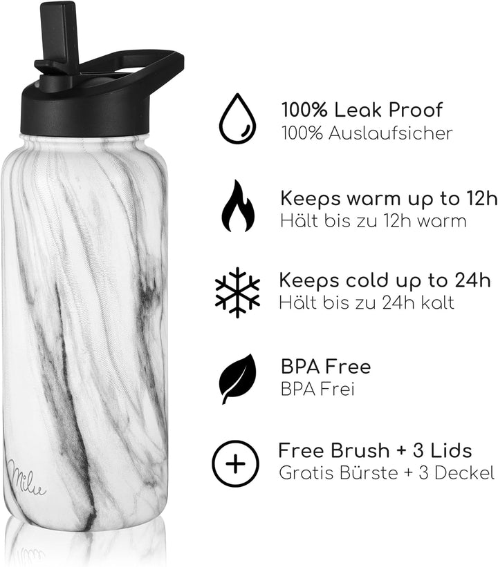 Milu Edelstahl Trinkflasche 500ml, 750ml, 1000ml (+3 Deckel) - Thermosflasche mit Strohhalm, Isolier