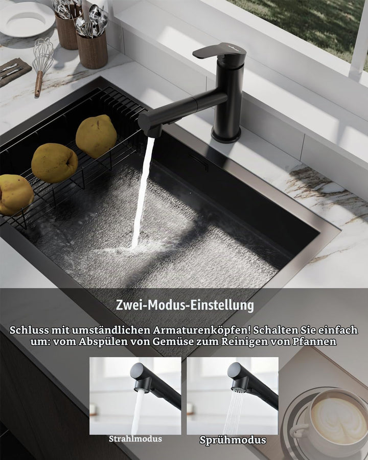 APPASO Wasserhahn Küche Schwarz, Hochdruck Küchenarmatur Ausziehbar, Spültischarmatur Küche mit 2 St