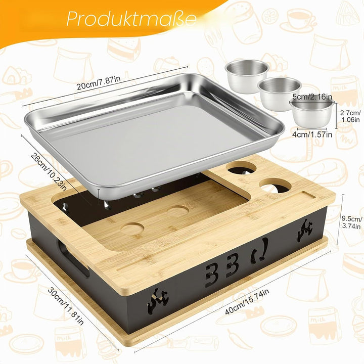 Warmhalteplatte Grillgut, Holz Speisenwärmer mit 304 Edelstahl Grillplatte und Dip-Schale, BBQ Fleis