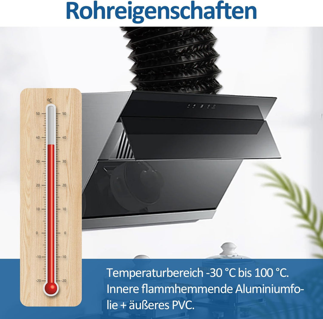 Abluftschlauch 100mm Alu Flexrohr Länge 5M Schwarz PVC Alurohr Lüftungsschlauch Schlauch mit 2 Stahl