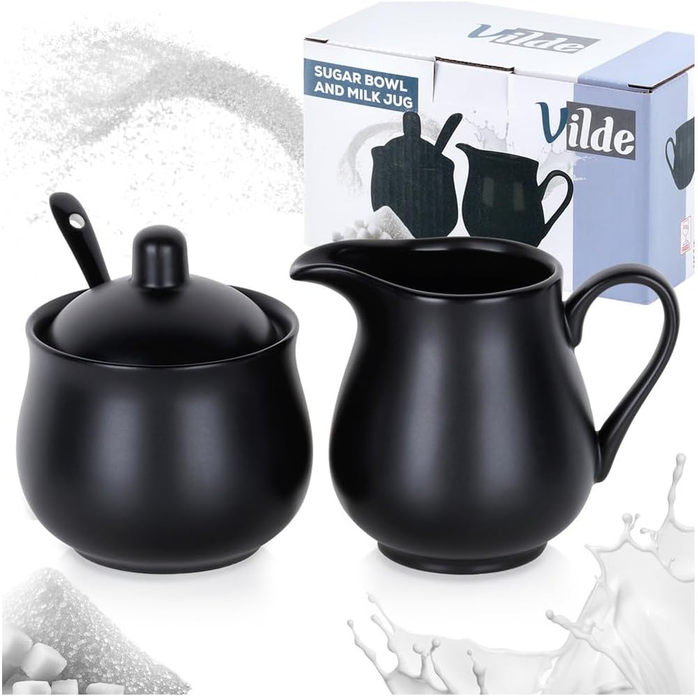 Vilde Milchkännchen und Zuckerdose Set aus Porzellan 2-teilig mit Deckel Löffel Schwarz - Modern Kaf