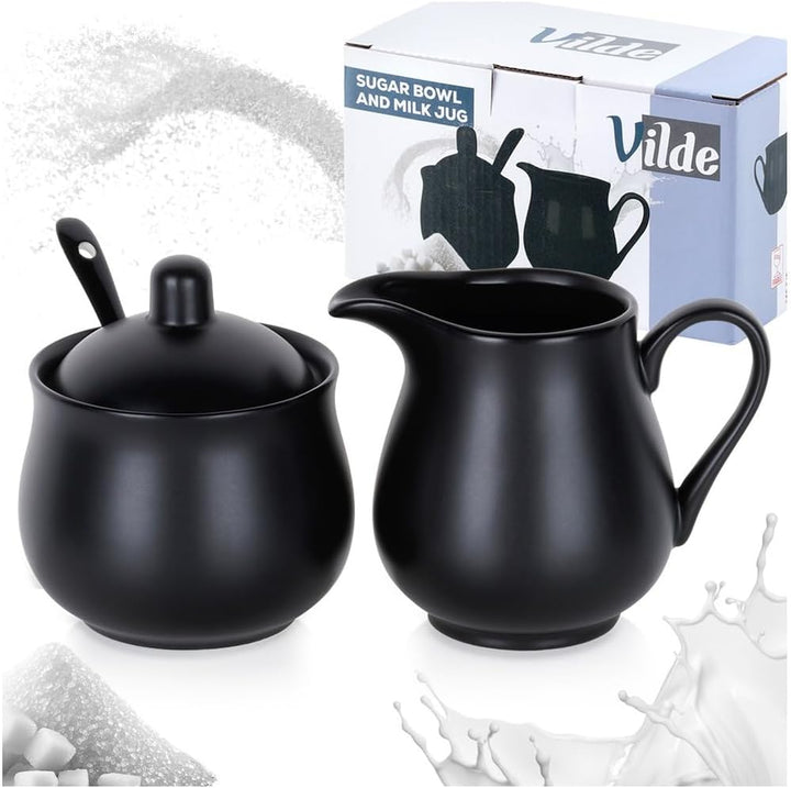 Vilde Milchkännchen und Zuckerdose Set aus Porzellan 2-teilig mit Deckel Löffel Schwarz - Modern Kaf