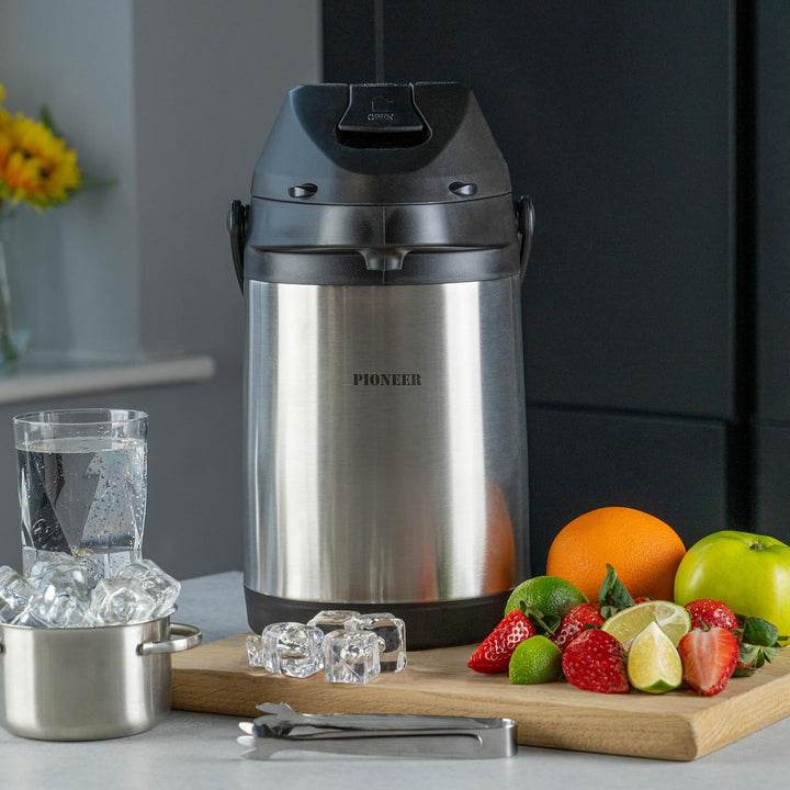 Pioneer Airpot Isolier-Pumpkanne, 3 Liters, Edelstahl-Getränkespender, Doppelwandig mit Griff, Bis z
