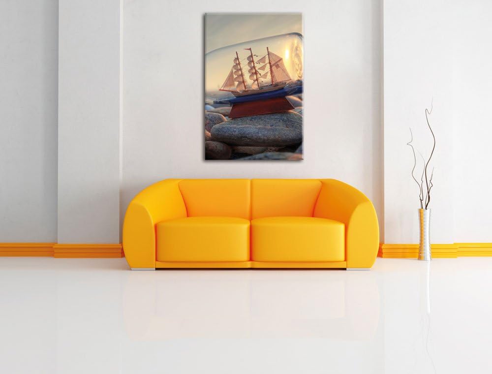 Flasche mit Schiff, Format: 100x70 auf Leinwand, XXL riesige Bilder fertig gerahmt mit Keilrahmen, K