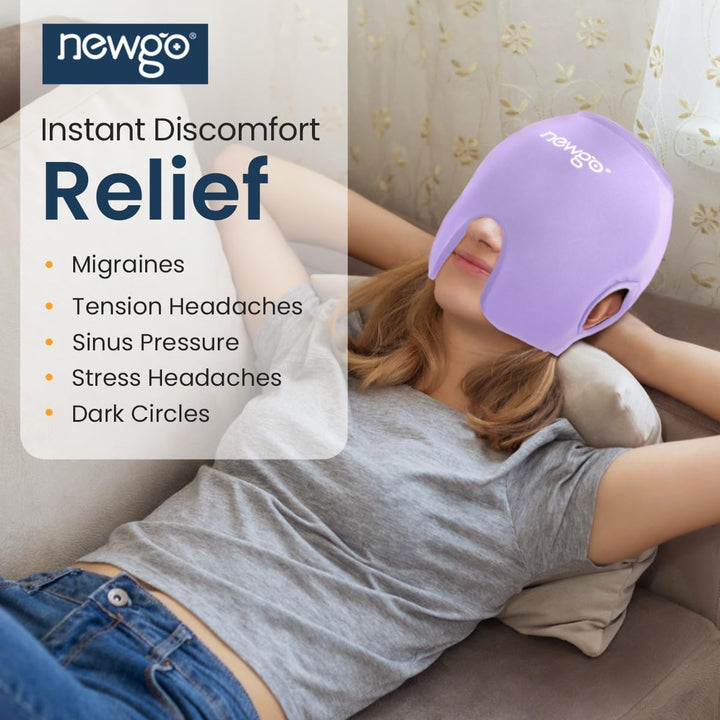 NEWGO Migräne Kühlmaske mit Ohr-Aussparungen, Gel Kühlmütze Migräne Maske, 360° Headache Hat Kühlmas