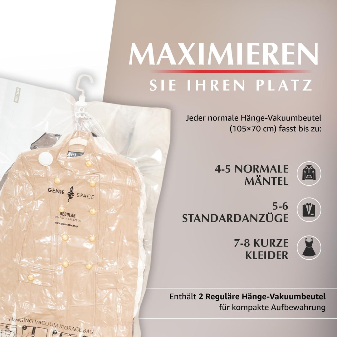 GENIE SPACE Hängende Vakuumbeutel - 2er Pack, normale Länge | Platzsparende Garderoben Vakuumierbeut