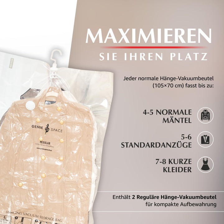 GENIE SPACE Hängende Vakuumbeutel - 2er Pack, normale Länge | Platzsparende Garderoben Vakuumierbeut