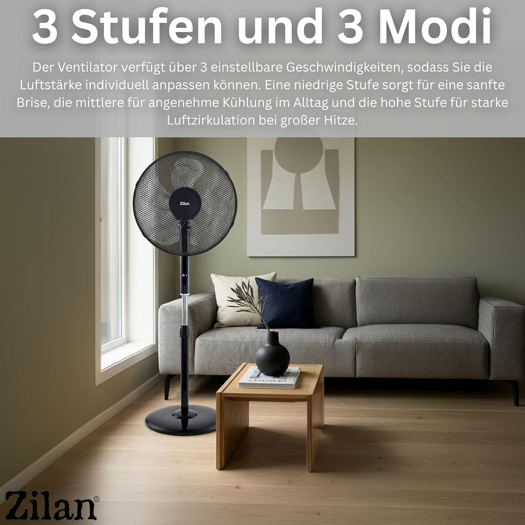 Zilan Standventilator Ø43cm leise mit Fernbedienung & Timer – 48W Leistungsstarker Ventilator energi