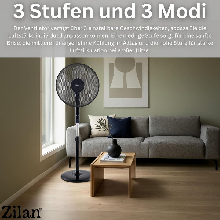 Zilan Standventilator Ø43cm leise mit Fernbedienung & Timer – 48W Leistungsstarker Ventilator energi