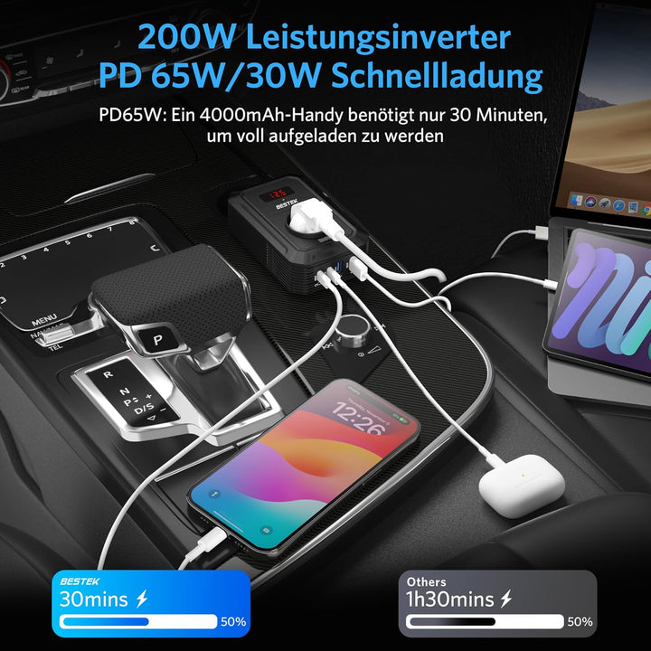 BESTEK 200 W Spannungswandler 12 V auf 240 V 230 V AC Auto-Wechselrichter, mit 3-pin Steckdosen, 2 1