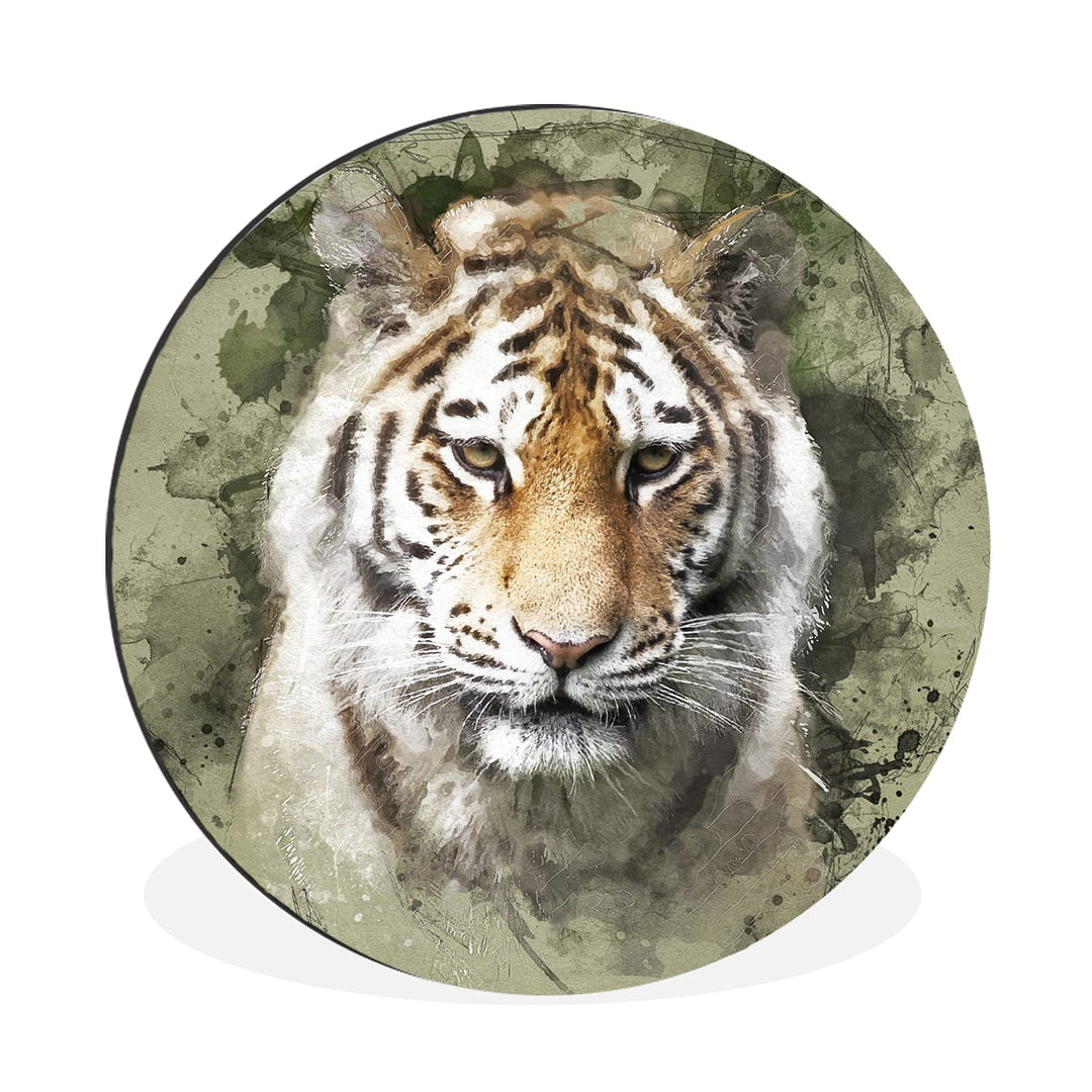 MuchoWow Wandbild Rund Wanddeko Deko Wohnzimmer Bilder 30x30 cm Tiger - Aquarell - Grün, 30x30 cm