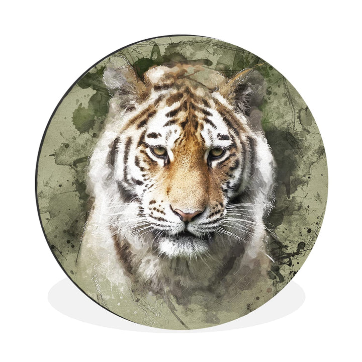 MuchoWow Wandbild Rund Wanddeko Deko Wohnzimmer Bilder 30x30 cm Tiger - Aquarell - Grün, 30x30 cm
