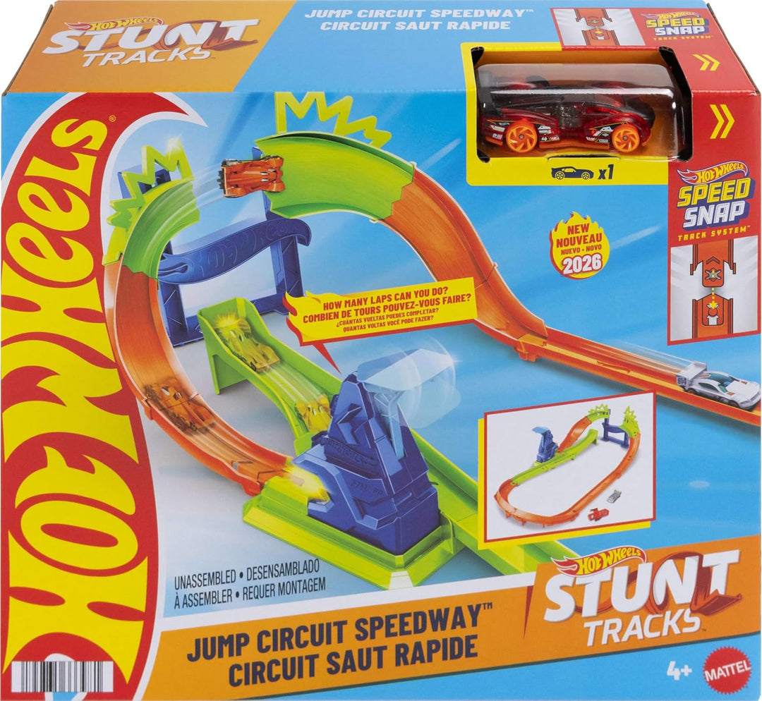 Hot Wheels Spielzeugauto, Stunt Tracks Sprung-Rennstrecke mit Die-Cast-Fahrzeug im Massstab 1:64, 18