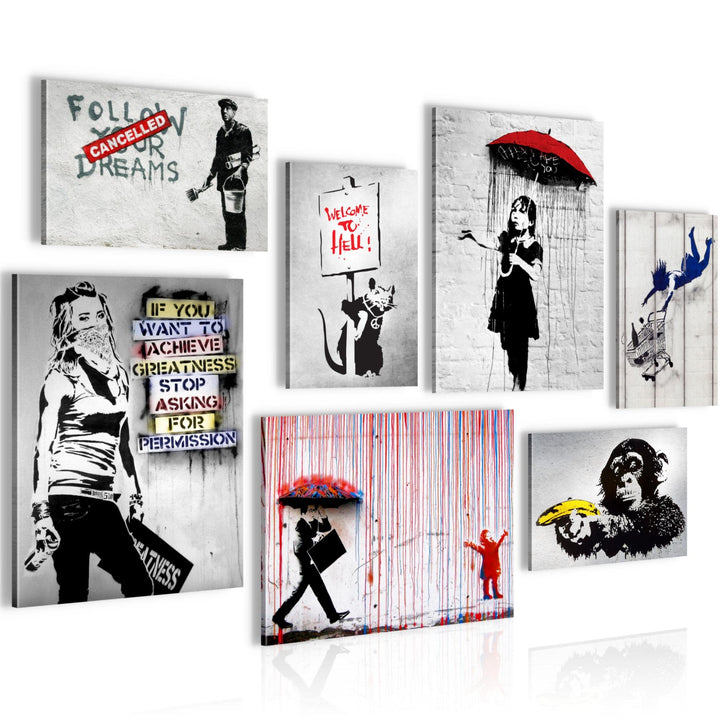 Novart Wandbilder Banksy Collage - KOMPLETT AUFHÄNGFERTIG - Street Art Wohnzimmer Büro - 7 Moderne M