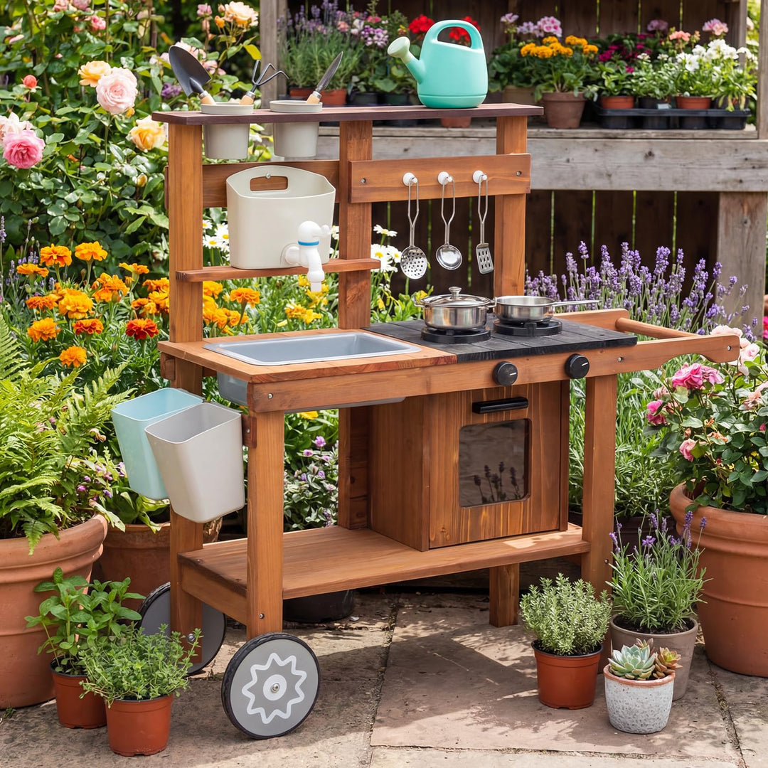 Outdoor Spielküche Gartenspielküche Matschküche Kinder Outdoor Mit Rädern, Wasserkocher, Spüle, Holz
