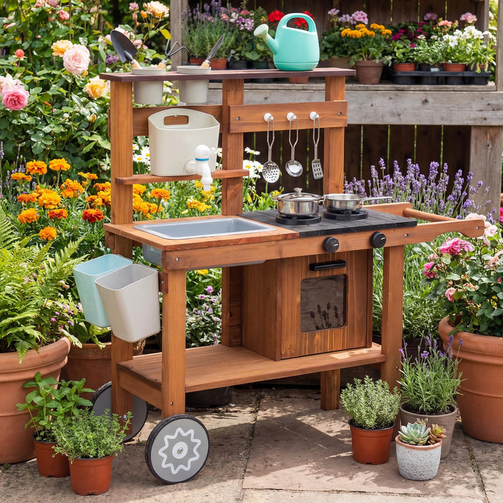 Outdoor Spielküche Gartenspielküche Matschküche Kinder Outdoor Mit Rädern, Wasserkocher, Spüle, Holz