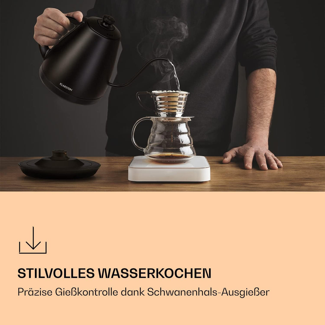 Klarstein Wasserkocher, Schwanenhals-Wasserkocher Edelstahl, Schnell Kochender Kettle, Leise & Tropf
