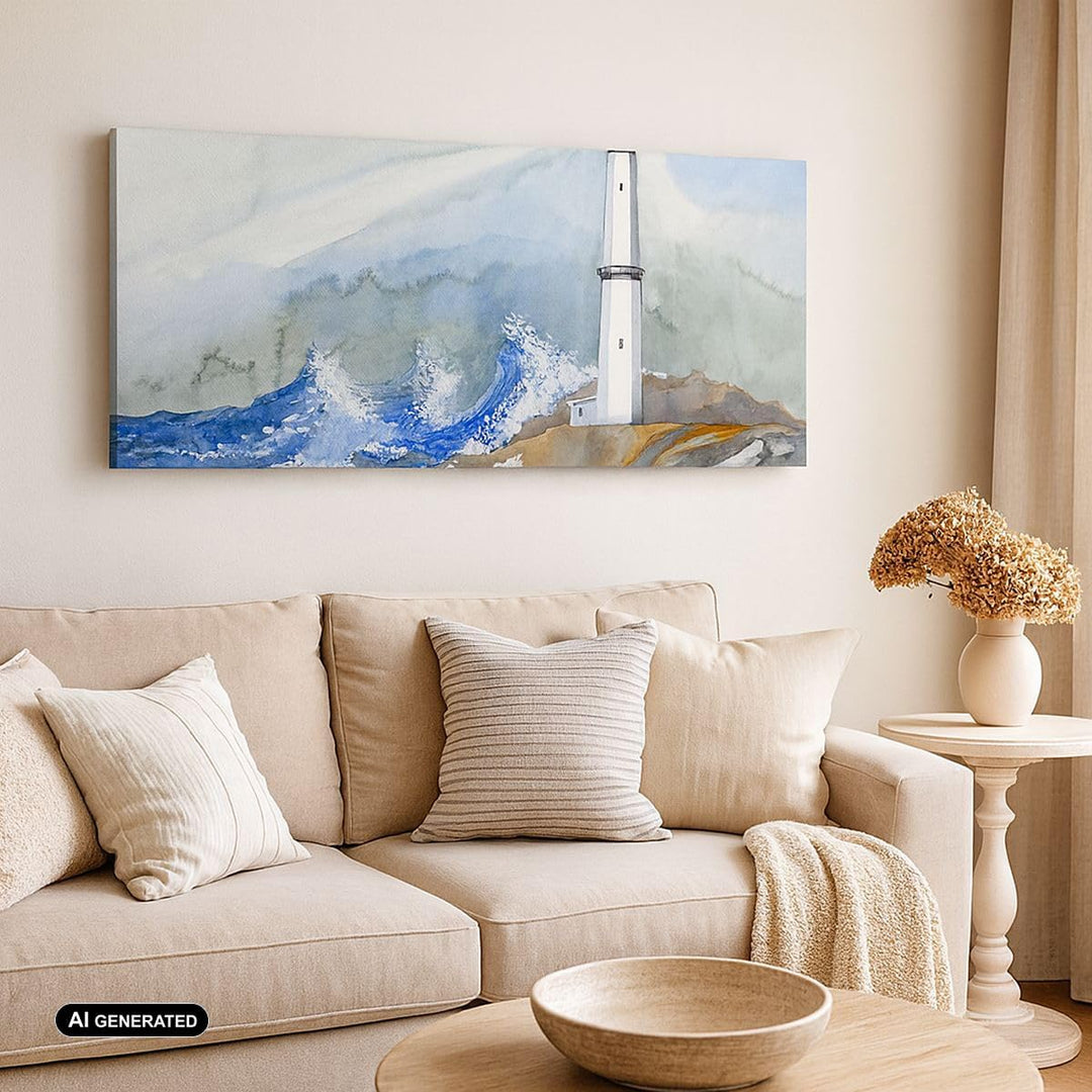 Bilder auf Leinwand 100x40cm Leinwandbild Leuchtturm Wasser Illustration Welle Gross Wanddeko Bild S