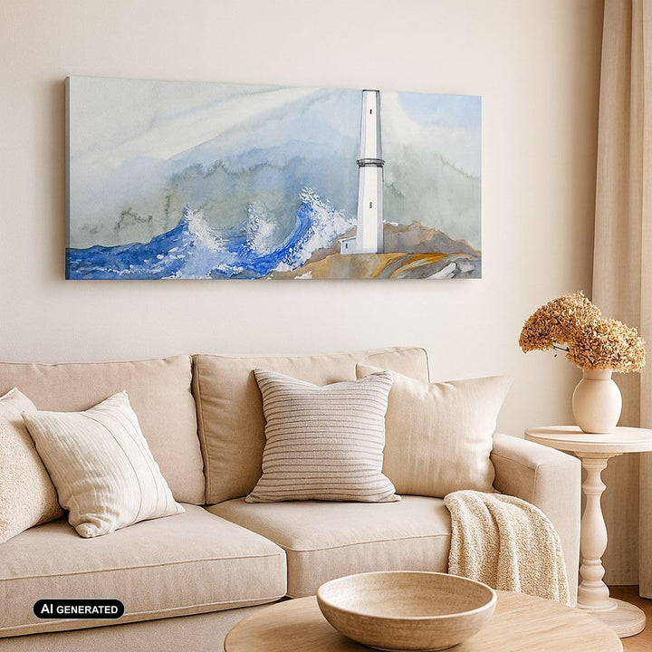 Bilder auf Leinwand 100x40cm Leinwandbild Leuchtturm Wasser Illustration Welle Gross Wanddeko Bild S