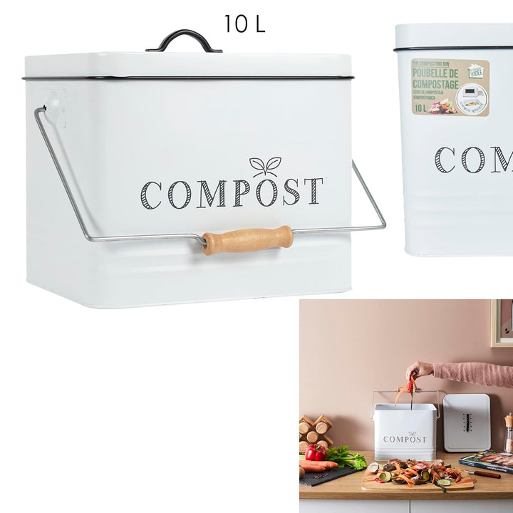 Komposteimer aus Metall 10 L Vintage-Look Weiss