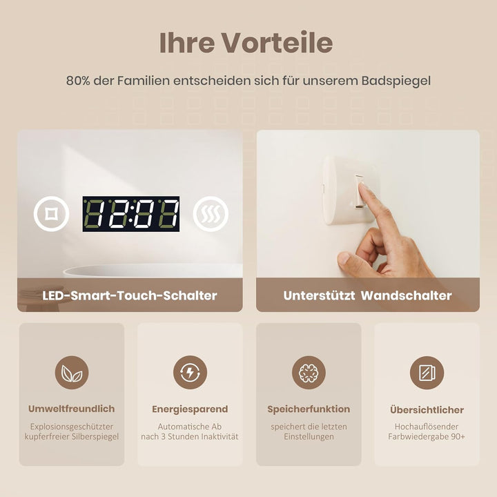 EMKE® LED Badspiegel Lichtspiegel LED Spiegel Wandspiegel mit Touch-Schalter Badspiegel mit Beleucht