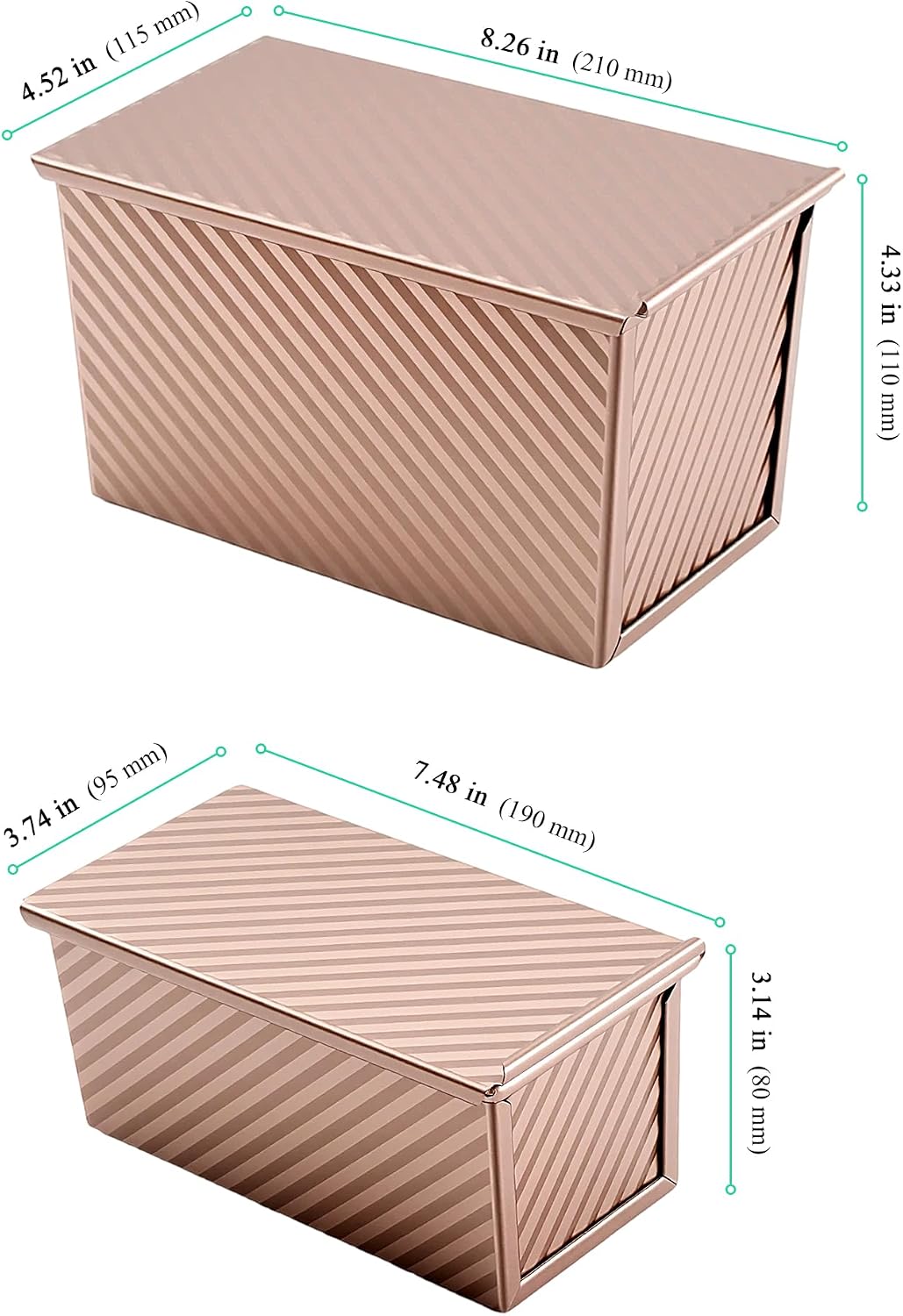 2 Stück Klein Toastbrot Backform mit Deckel 230g und 450g, Gold