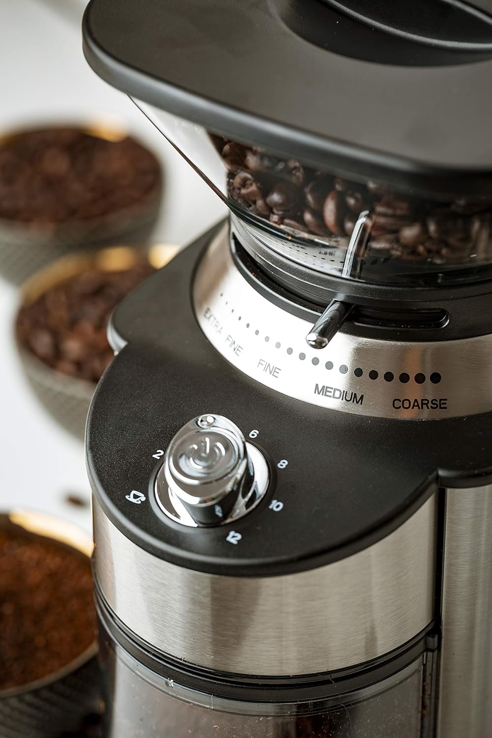Adler CAMRY CR 4443 Kaffeemühle mit Kegelmahlwerk, 200W, Gehäuse aus Edelstahl, 16 Mahlgrade, Volume