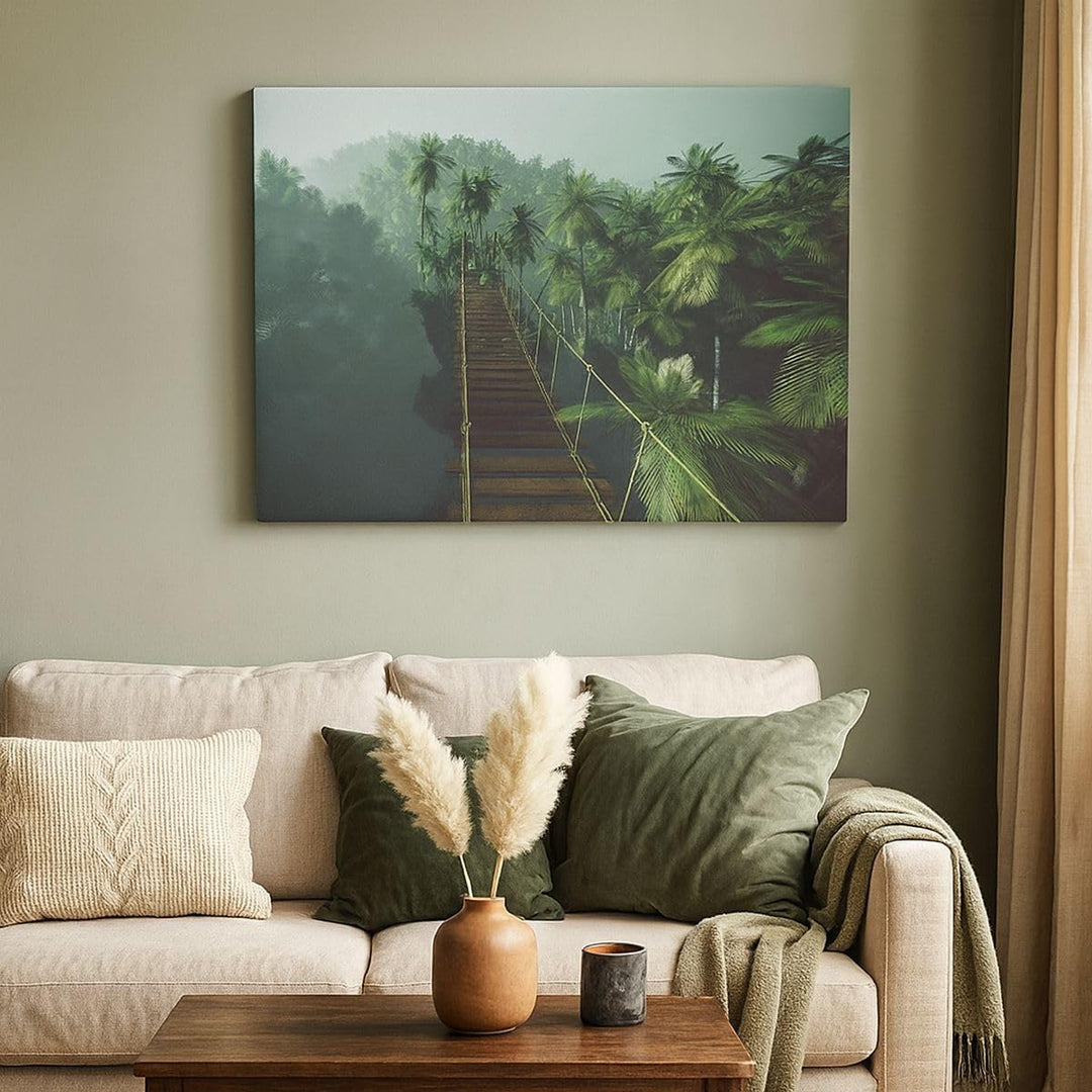 ARTTOR Bilder auf Leinwand 100x70cm Leinwandbild Dschungel Palme Brücke Gross Wanddeko Bild Schlafzi