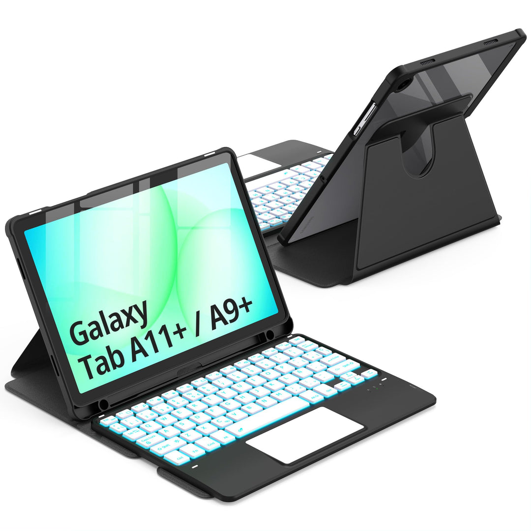CACOE Drehbare Hülle mit Tastatur für Samsung Galaxy Tab A9 Plus 11 Zoll mit Touchpad, 7-Farbige Bel