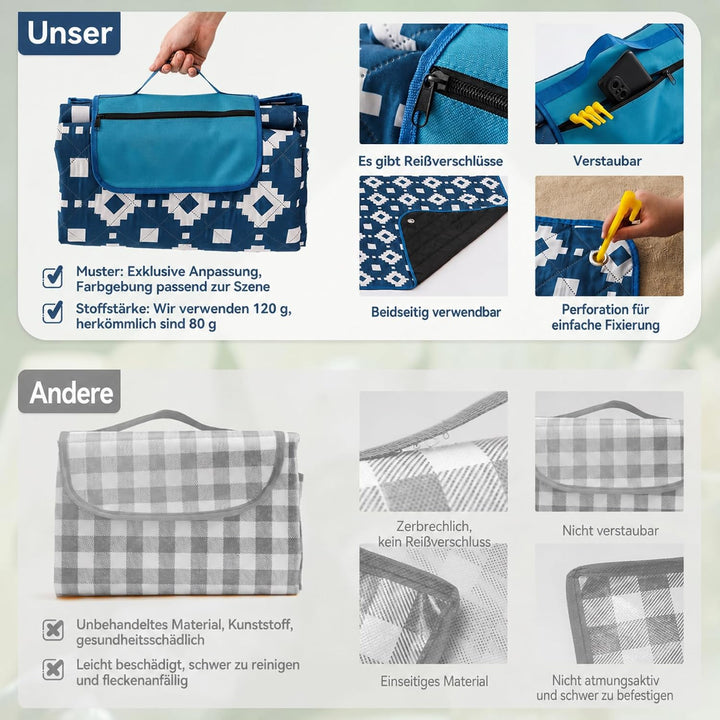 OESSUF Picknickdecke wasserdicht 200x200, extra grosse Picknickdecke XXL Stranddecke sandfrei tragba