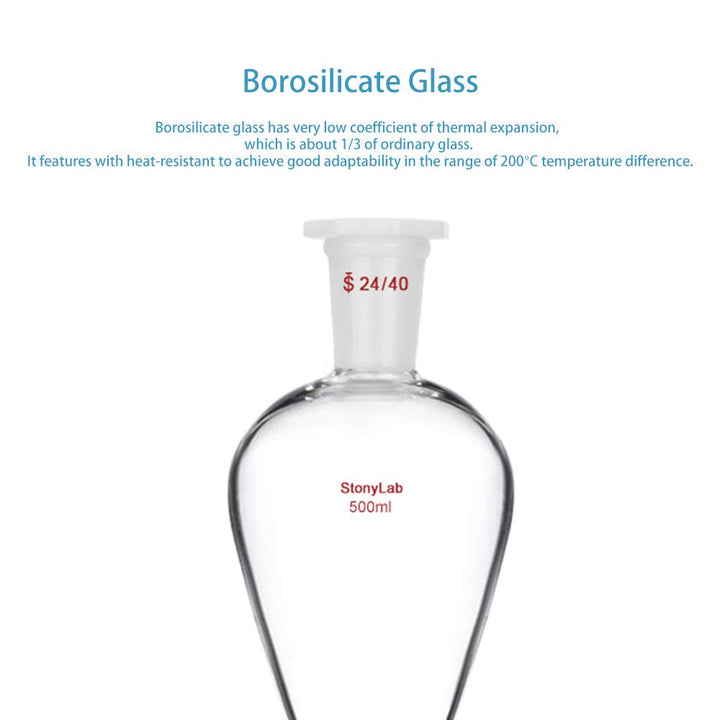 StonyLab 500 ml Trichter aus Borosilikatglas, Separatory Funnel, Schwerwandig Konisch mit 24/40 Gele