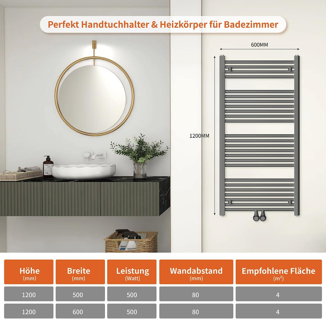 Badheizkörper Mittelanschluss 1200x600 mm, 600W Handtuchheizkörper & Handtuchtrockner, Einfach Insta