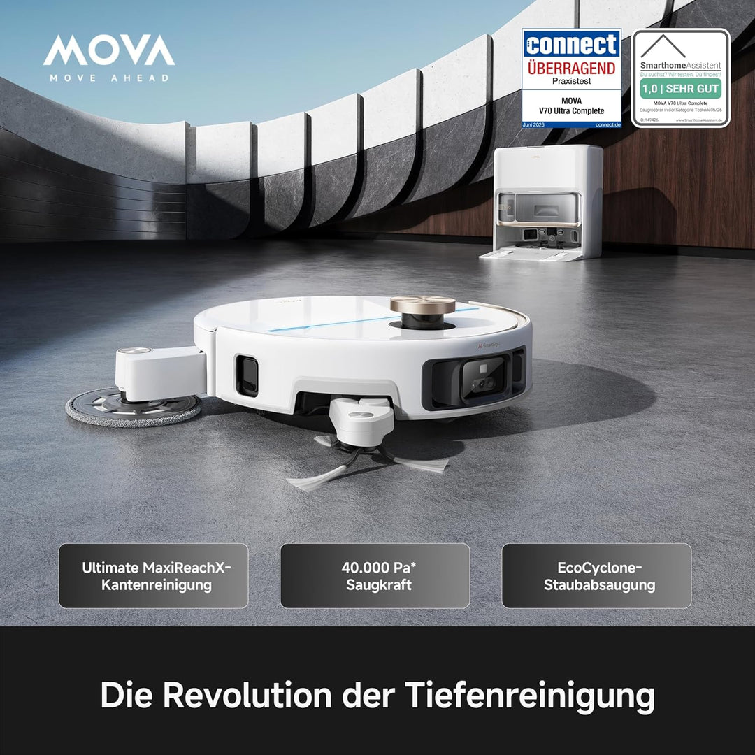 Mova V70 Ultra Complete X Saugroboter, MaxiReachX-Doppelverlängerung Seitenbürste & Mopp, 40.000 Pa