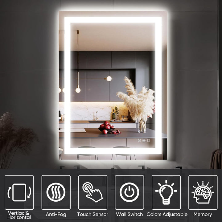 Antok 80x60cm LED Badezimmerspiegel mit Beleuchtung, dimmbarer beschlagfreier Smart-Spiegel mit 3 Fa