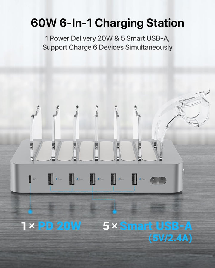 SooPii 60W 6-Port Ladestation für mehrere Geräte, PD 20W USB C Schnellladung für lPhone 14/13/12, 2-