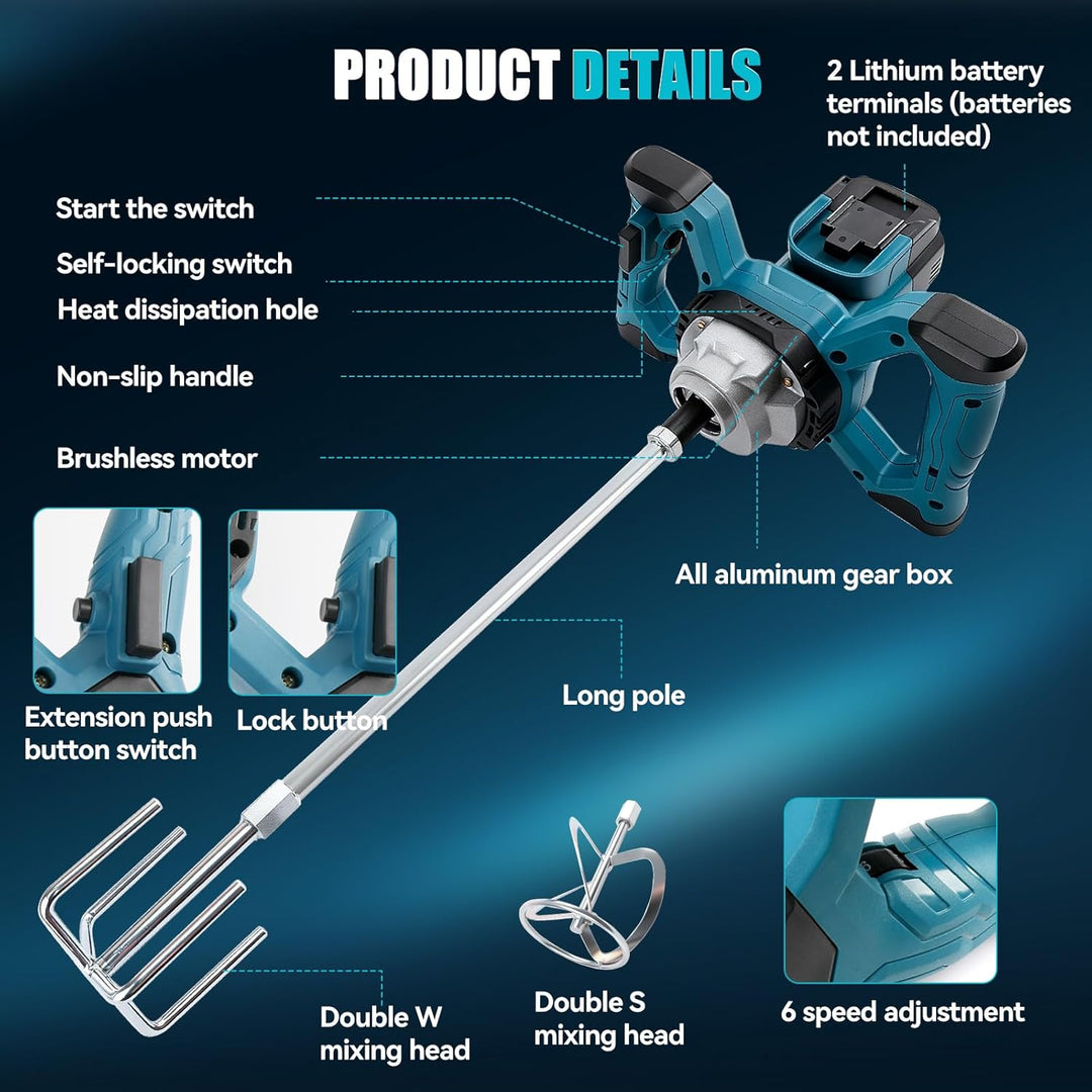 Kabelloser Zementmischer Kompatibel mit Makita 18V Akku, 680 U/min Bürstenloser Paddelmischer mit 6