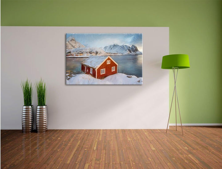 Pixxprint Fischerhaus an den Lofoten Inseln Kunst Buntstift Effekt, Format: 100x70 auf Leinwand, XXL