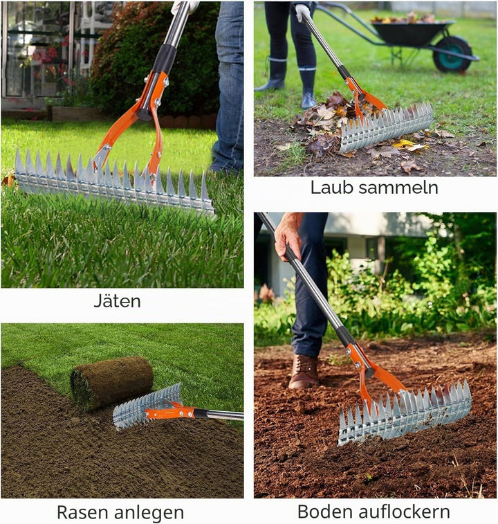 Gartenrechen Vertikutier-Rechen für den Rasen, mit Verstellbarem Stiel, Robuster Rasenrechen Rasenpf