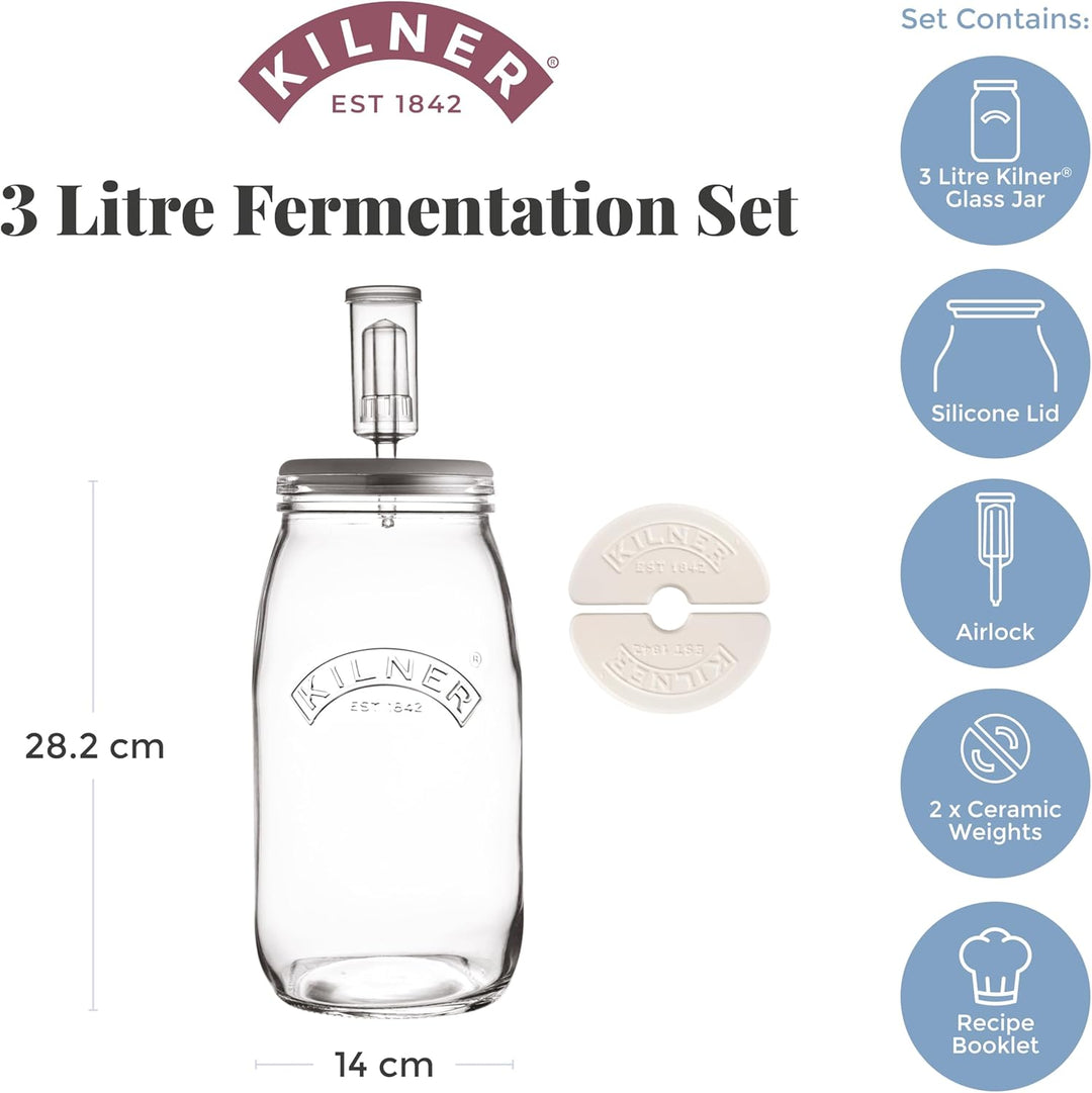 KILNER Fermentier Set, 3 Liter Glas mit Gärungsdeckel, einfaches Haltbarmachen von Gemüse, 1x Kilner