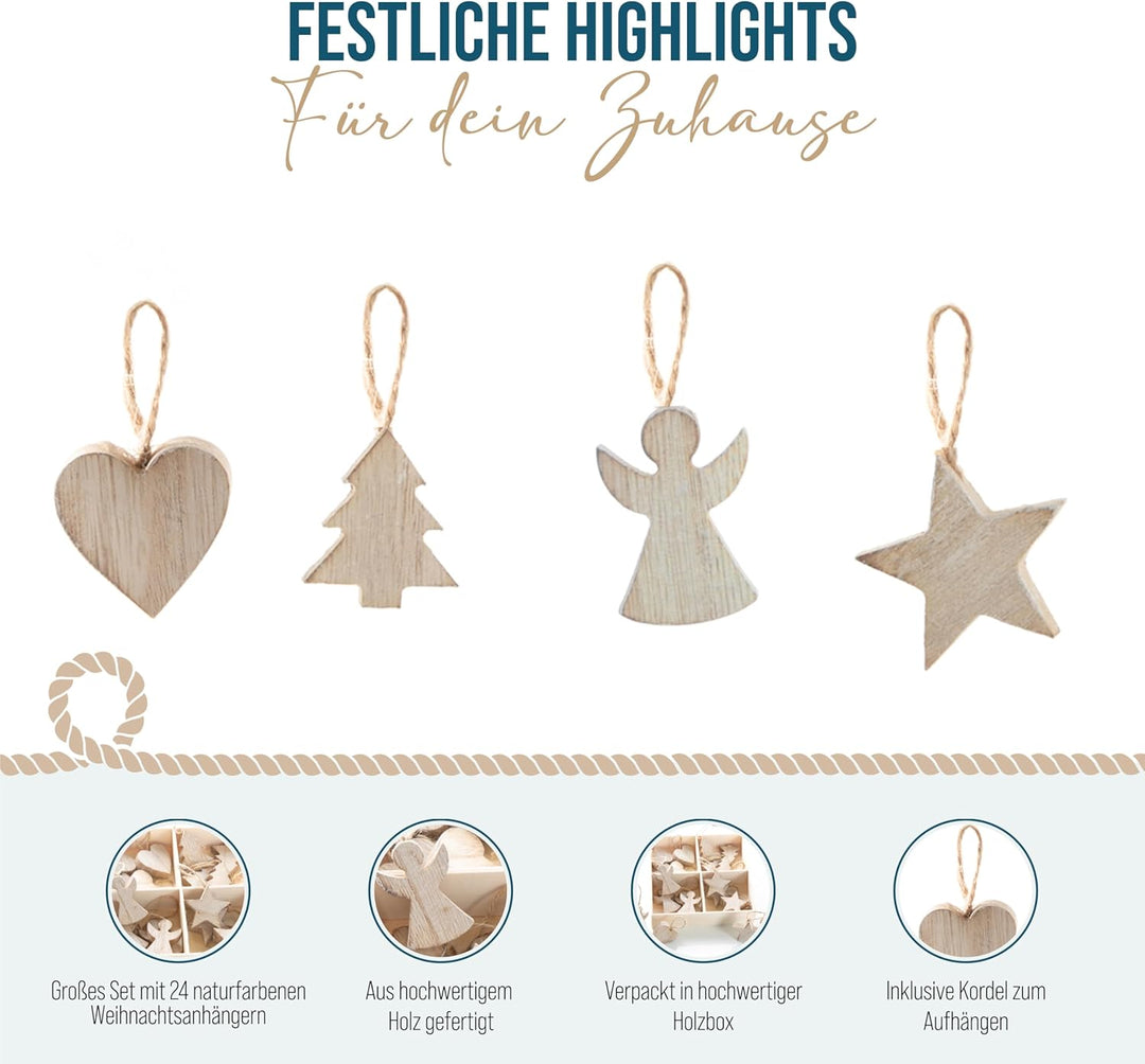 Holzanhänger Weihnachten, 24er Set: Weihnachtsanhänger Holz Stern, Tannenbaum, Engel & Herz, Anhänge