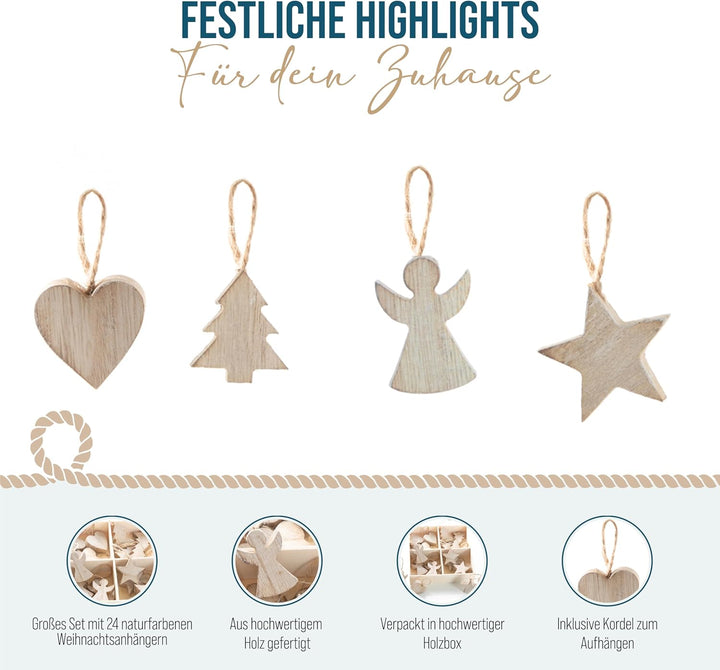 Holzanhänger Weihnachten, 24er Set: Weihnachtsanhänger Holz Stern, Tannenbaum, Engel & Herz, Anhänge