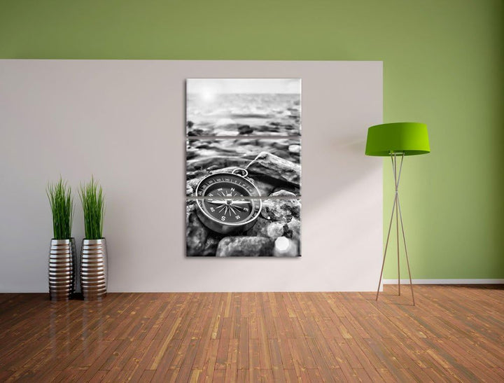 Pixxprint Kompass auf Steinen Heimat als Leinwandbild/Grösse: 3 Teilig (120x80) cm/Wandbild/Kunstdru