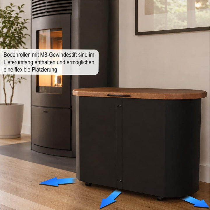 MS Beschläge Design Pelletstruhe mit Nussbaum Holzdeckel Holzkorb Schwarz beschichtet Pelletkorb mit