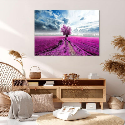 Bilder auf Leinwand 100x70cm Leinwandbild Heidefeld Baum Wolken Landschaft Gross Wanddeko Bild Schla