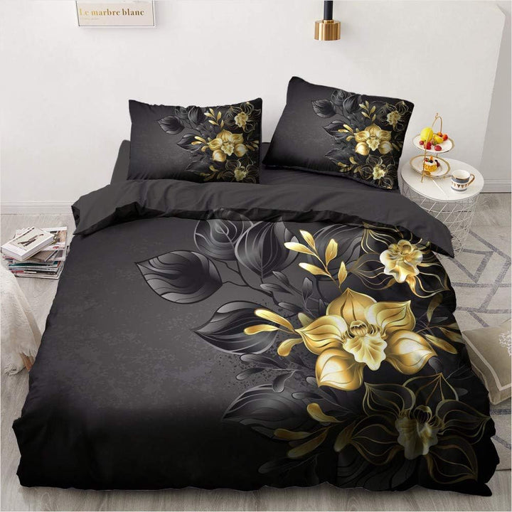 Luowei Blumen Bettwäsche 135x200cm 4 Teilig Schwarz Gold Romantische Floral Bettbezug mit Reissversc
