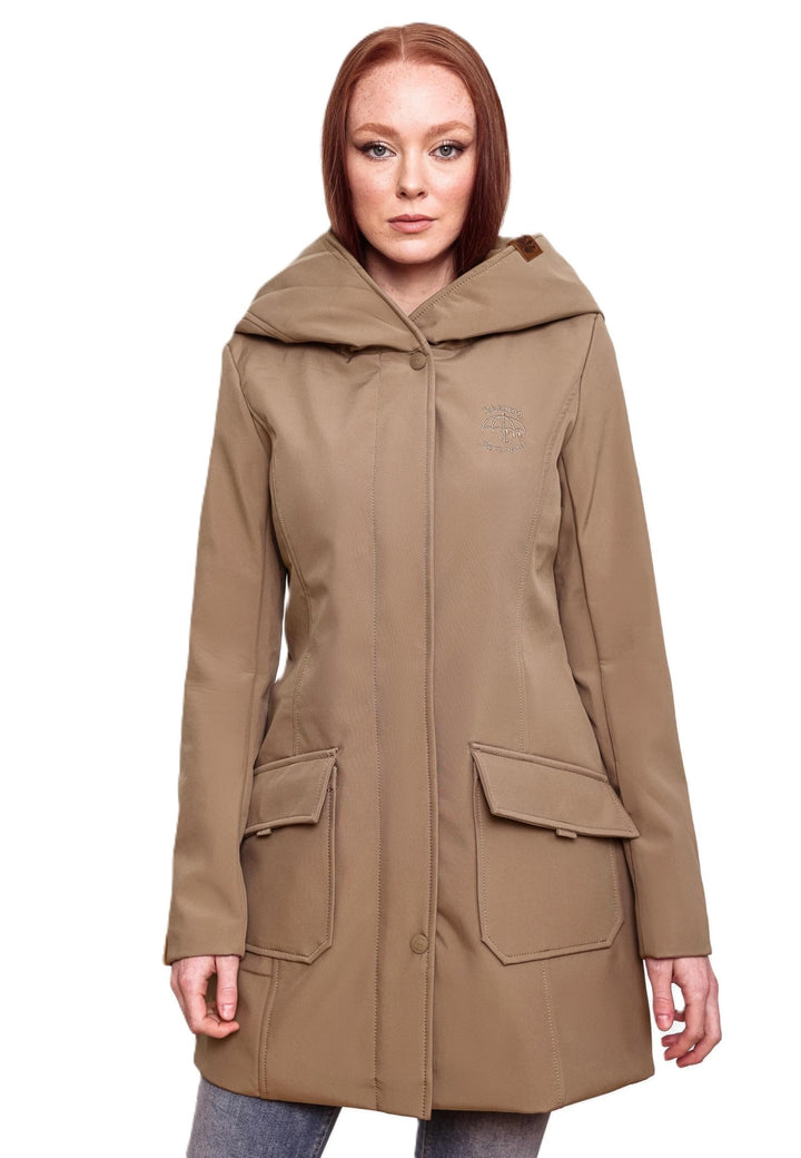 MARIKOO Damen Softshell Jacke Winterjacke wasserabweisend Outdoor lang B856 XS Taupe, XS Taupe